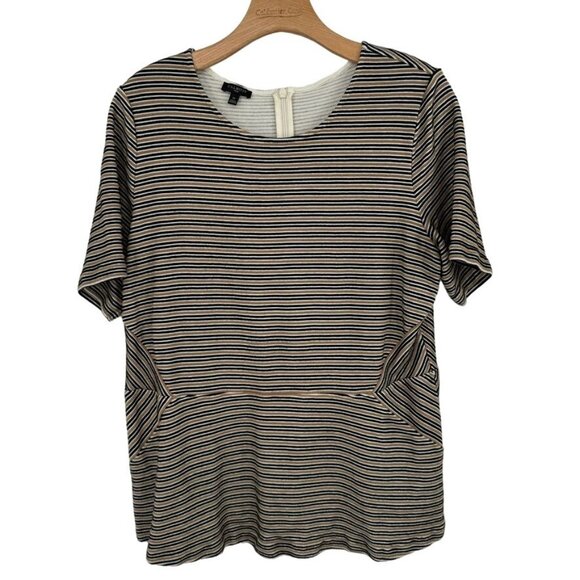 Talbots womens top tunic peplum black tan striped knit size 1X plus short sleeve - Picture 1 of 10